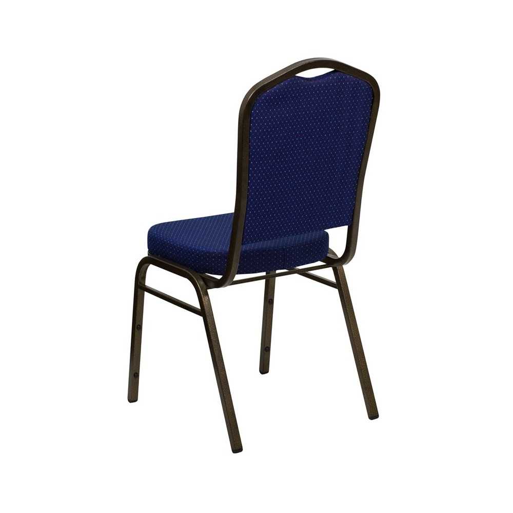 Crown Back Stacking Banquet Chair in Navy Blue Patterned Fabric - Gold Vein Frame