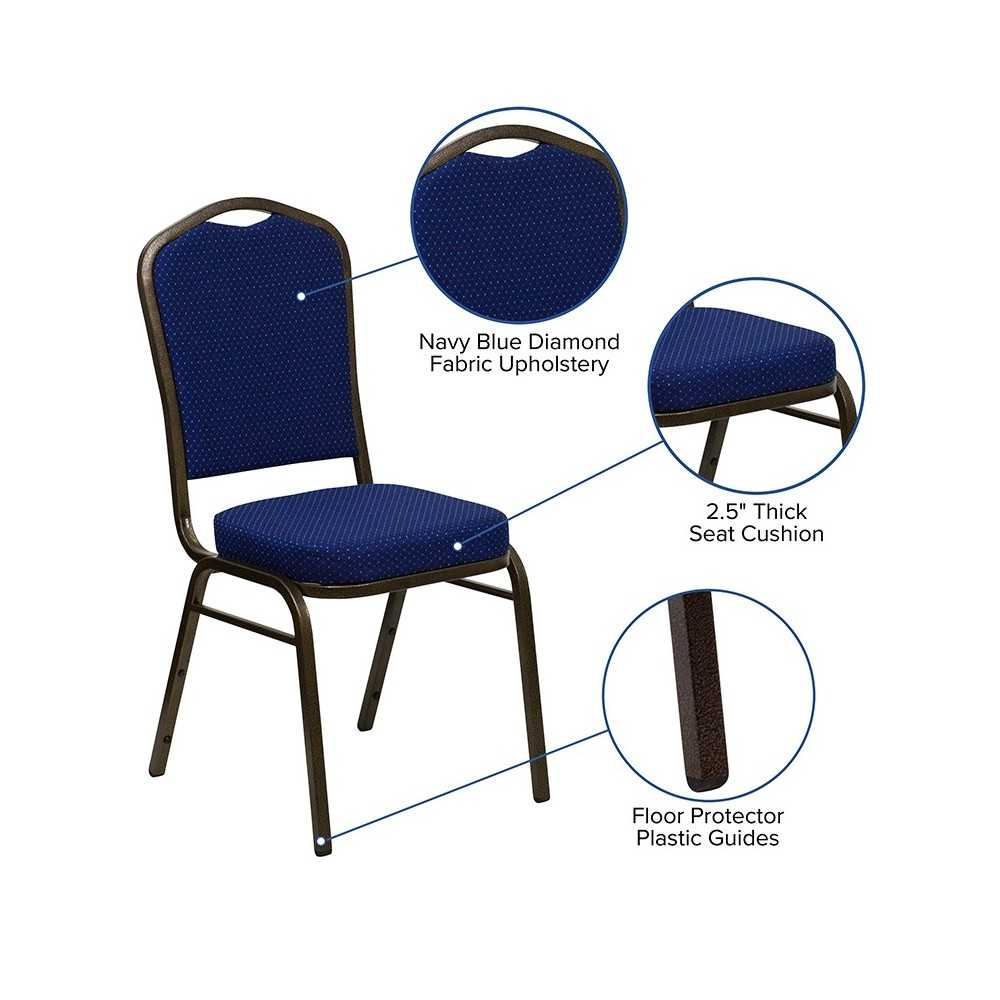 Crown Back Stacking Banquet Chair in Navy Blue Patterned Fabric - Gold Vein Frame