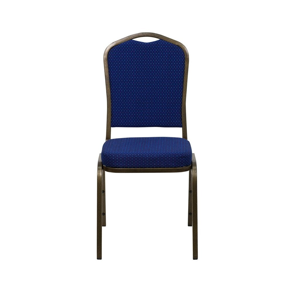 Crown Back Stacking Banquet Chair in Navy Blue Patterned Fabric - Gold Vein Frame