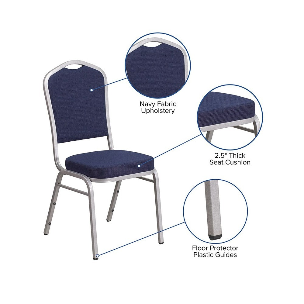 Crown Back Stacking Banquet Chair in Navy Fabric - Silver Frame