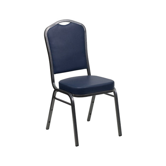 Crown Back Stacking Banquet Chair in Navy Vinyl - Silver Vein Frame