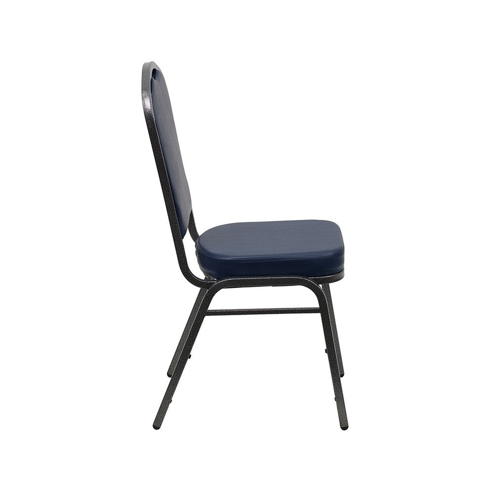 Crown Back Stacking Banquet Chair in Navy Vinyl - Silver Vein Frame