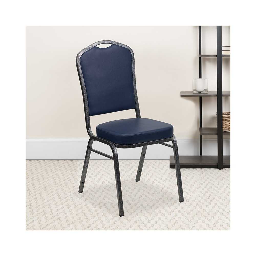 Crown Back Stacking Banquet Chair in Navy Vinyl - Silver Vein Frame
