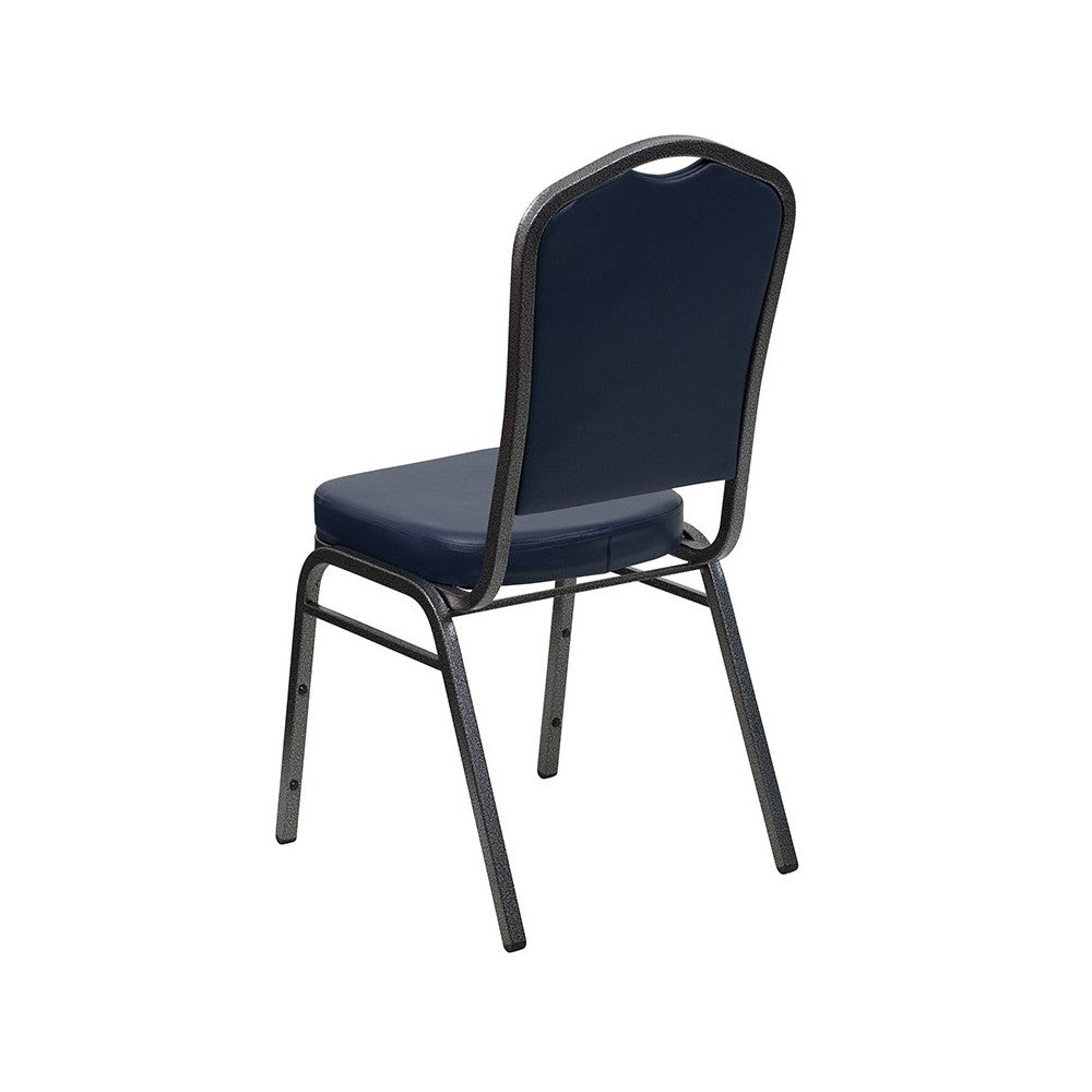 Crown Back Stacking Banquet Chair in Navy Vinyl - Silver Vein Frame