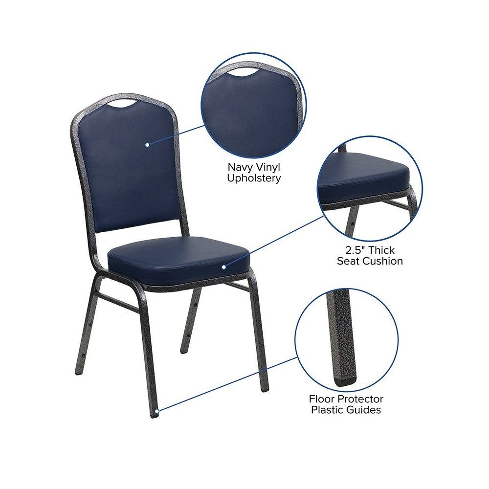 Crown Back Stacking Banquet Chair in Navy Vinyl - Silver Vein Frame