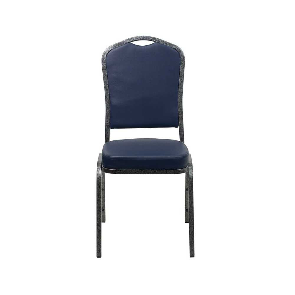 Crown Back Stacking Banquet Chair in Navy Vinyl - Silver Vein Frame
