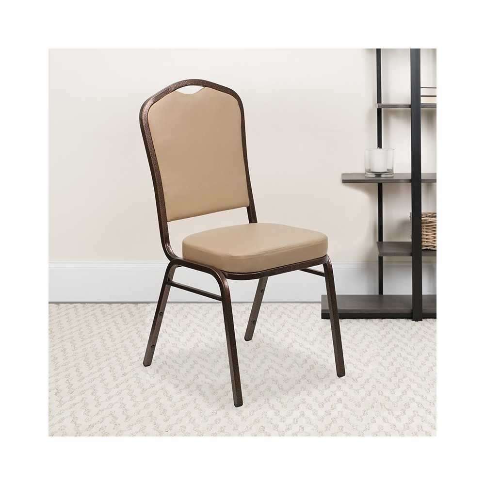 Crown Back Stacking Banquet Chair in Tan Vinyl - Copper Vein Frame