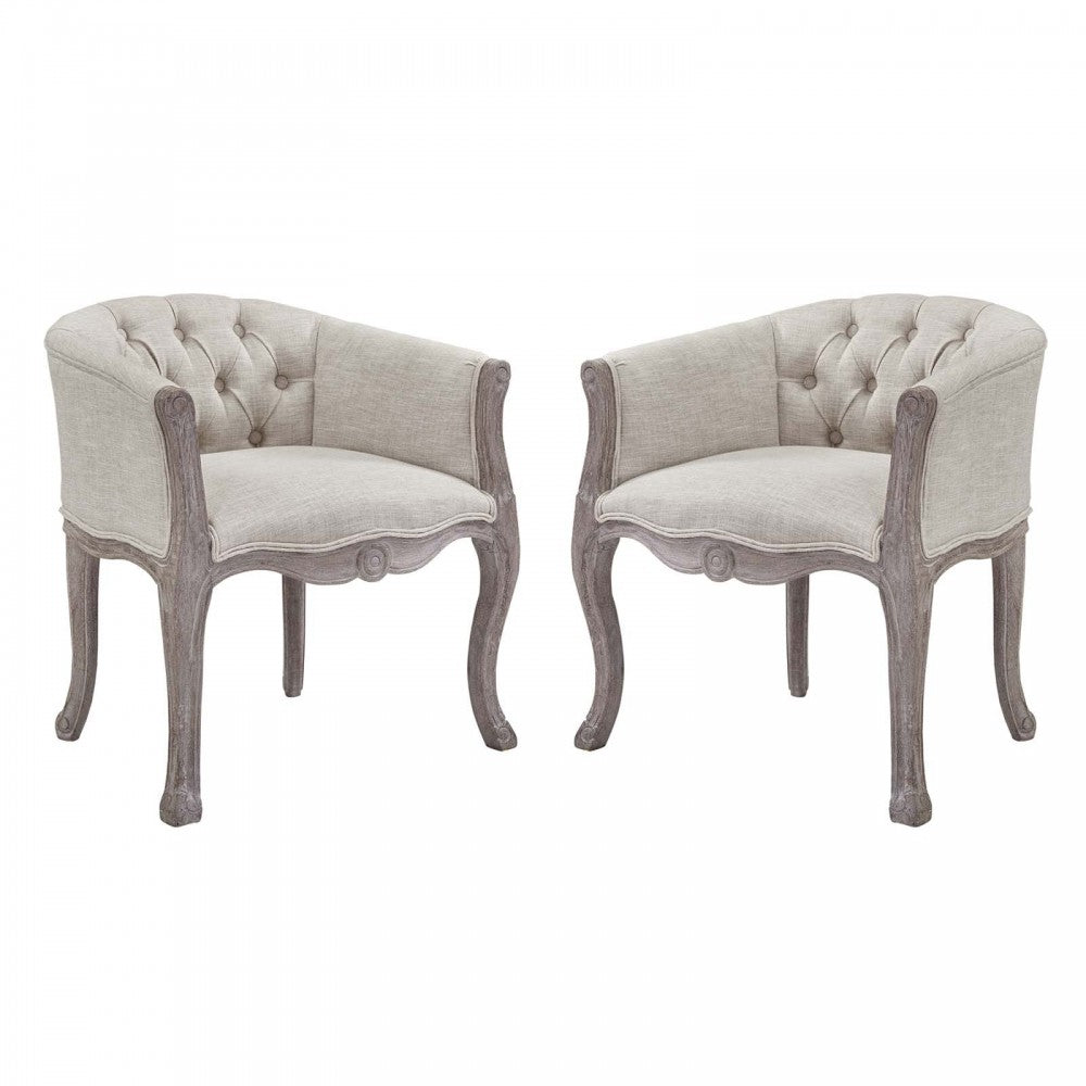 Crown Vintage French Upholstered Fabric Dining Armchair Set of 2, White, EEI-3104-BEI-SET