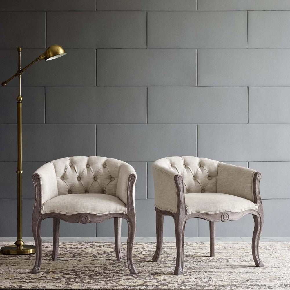 Crown Vintage French Upholstered Fabric Dining Armchair Set of 2, White, EEI-3104-BEI-SET
