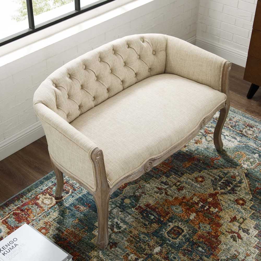 Crown Vintage French Upholstered Settee Loveseat, Beige