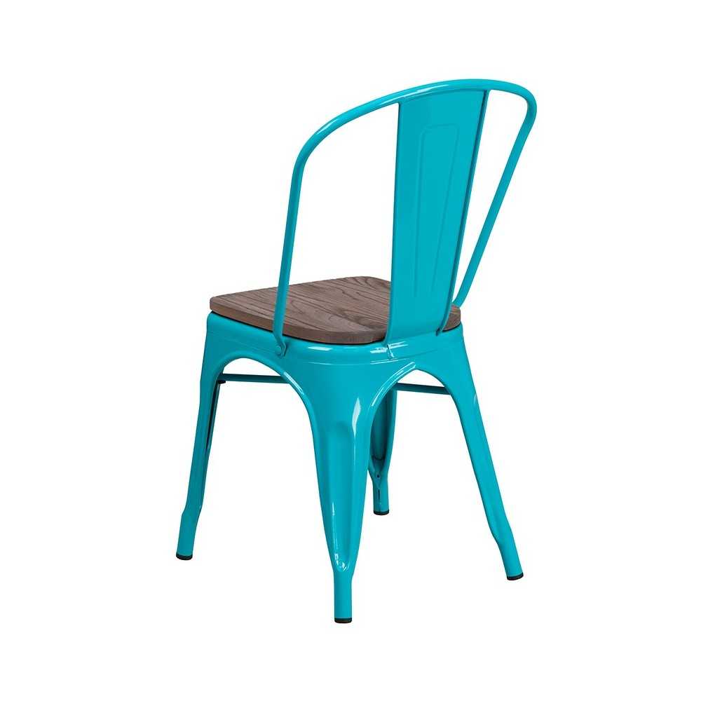 Crystal Teal-Blue Metal Stackable Chair with Wood Seat