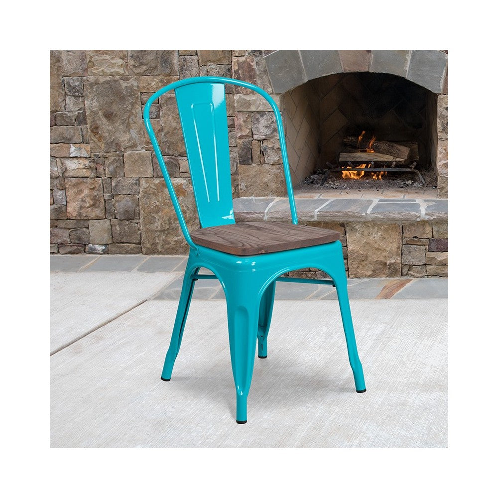 Crystal Teal-Blue Metal Stackable Chair with Wood Seat