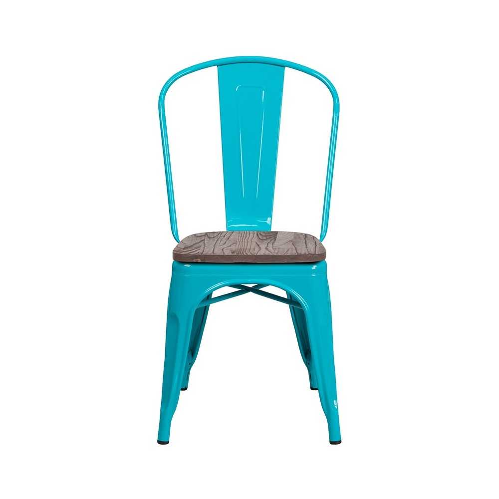 Crystal Teal-Blue Metal Stackable Chair with Wood Seat