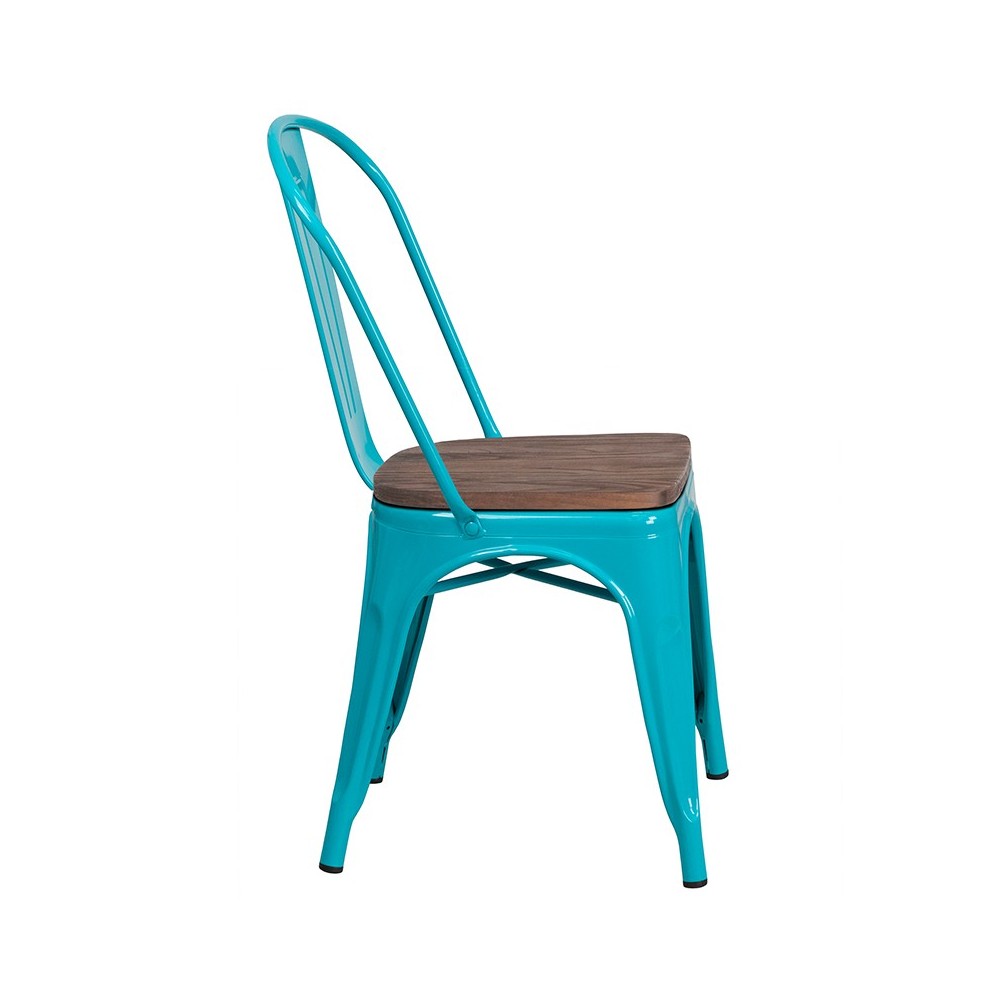 Crystal Teal-Blue Metal Stackable Chair with Wood Seat