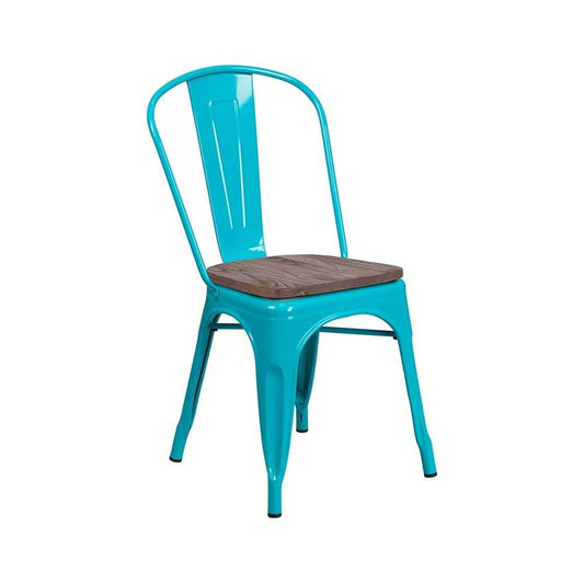 Crystal Teal-Blue Metal Stackable Chair with Wood Seat