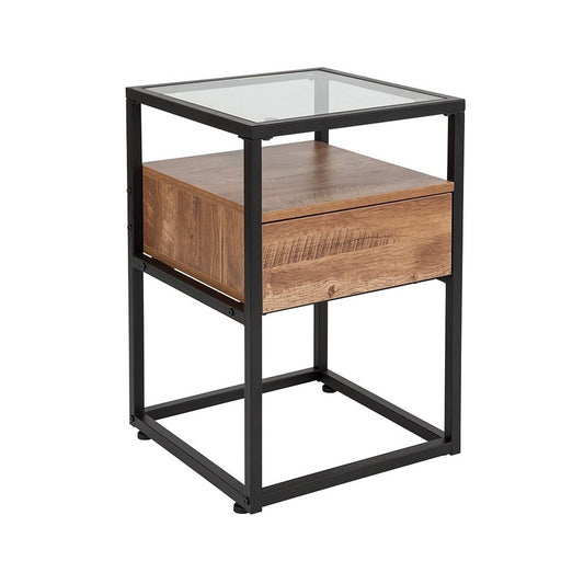 Cumberland Collection Glass End Table with Drawer and Shelf in Rustic Wood Grain Finish