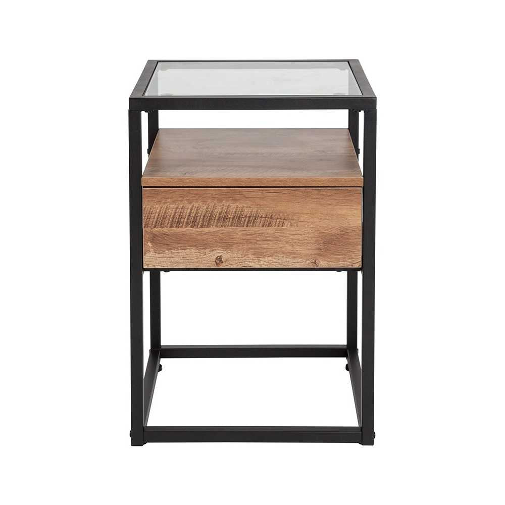 Cumberland Collection Glass End Table with Drawer and Shelf in Rustic Wood Grain Finish