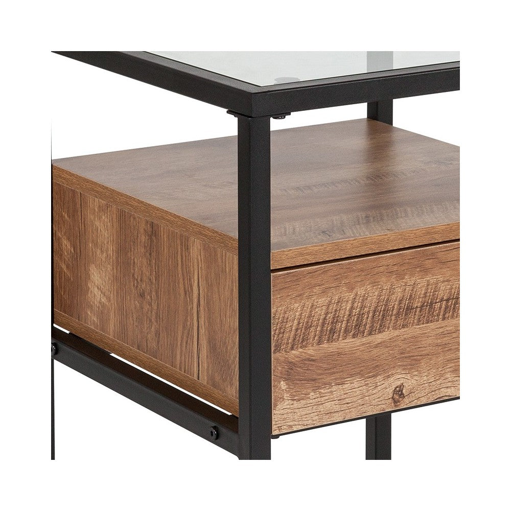 Cumberland Collection Glass End Table with Drawer and Shelf in Rustic Wood Grain Finish