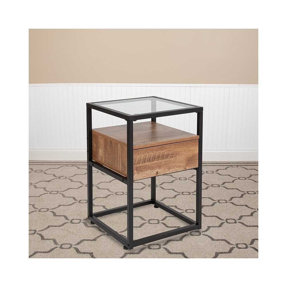 Cumberland Collection Glass End Table with Drawer and Shelf in Rustic Wood Grain Finish