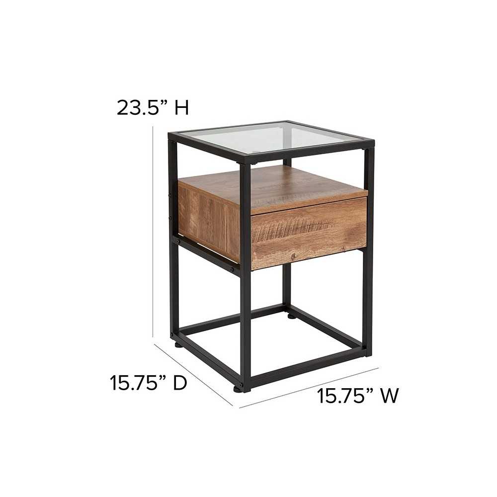 Cumberland Collection Glass End Table with Drawer and Shelf in Rustic Wood Grain Finish