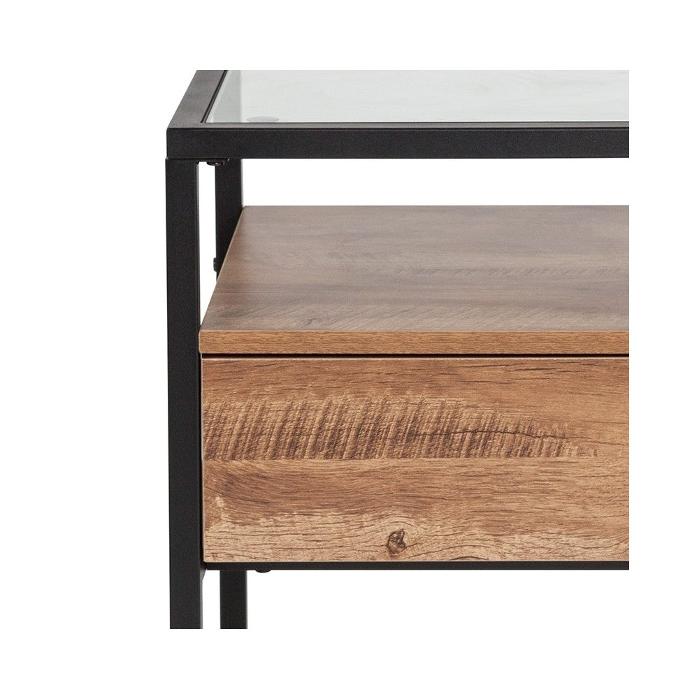 Cumberland Collection Glass End Table with Drawer and Shelf in Rustic Wood Grain Finish