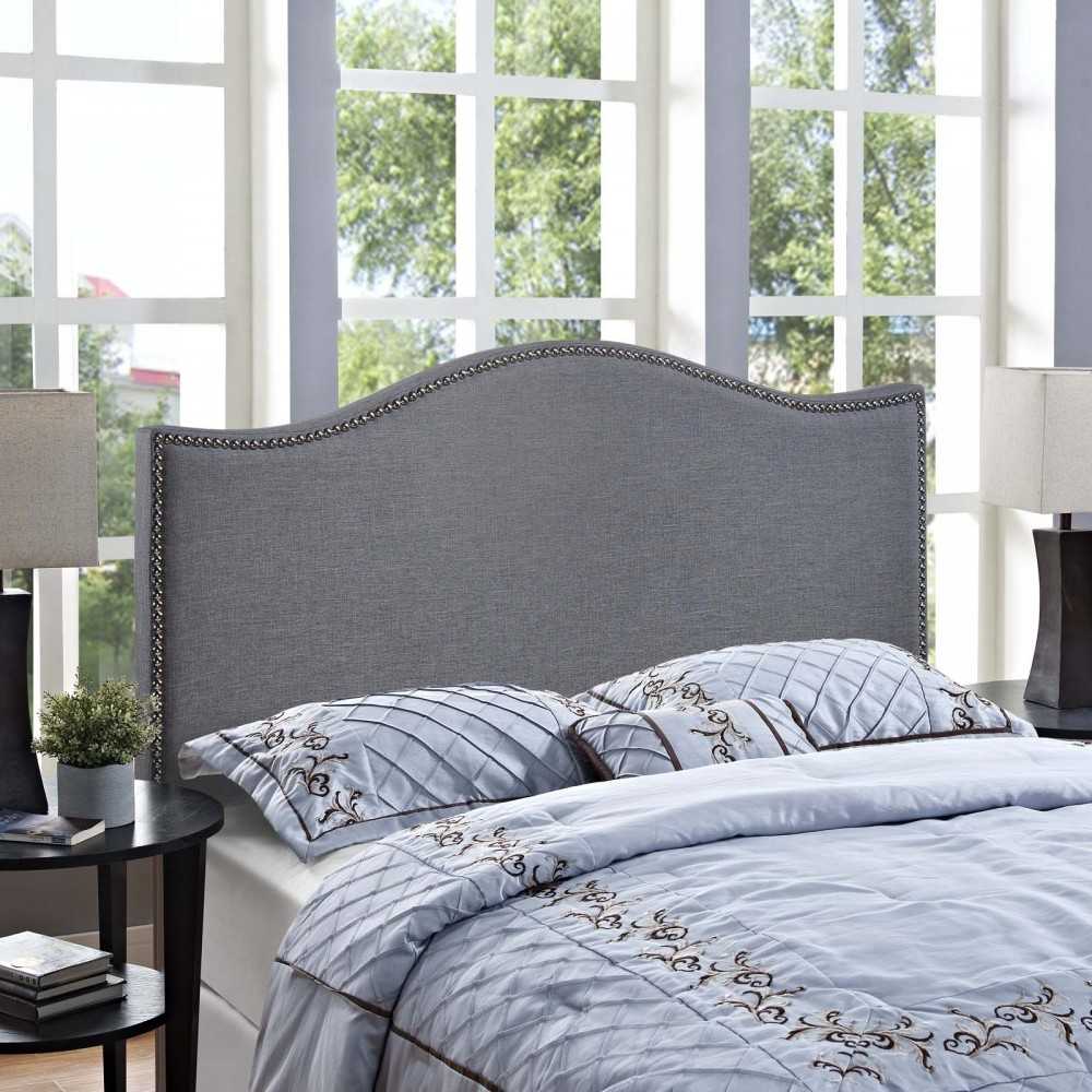 Curl Queen Nailhead Upholstered Headboard, Smoke