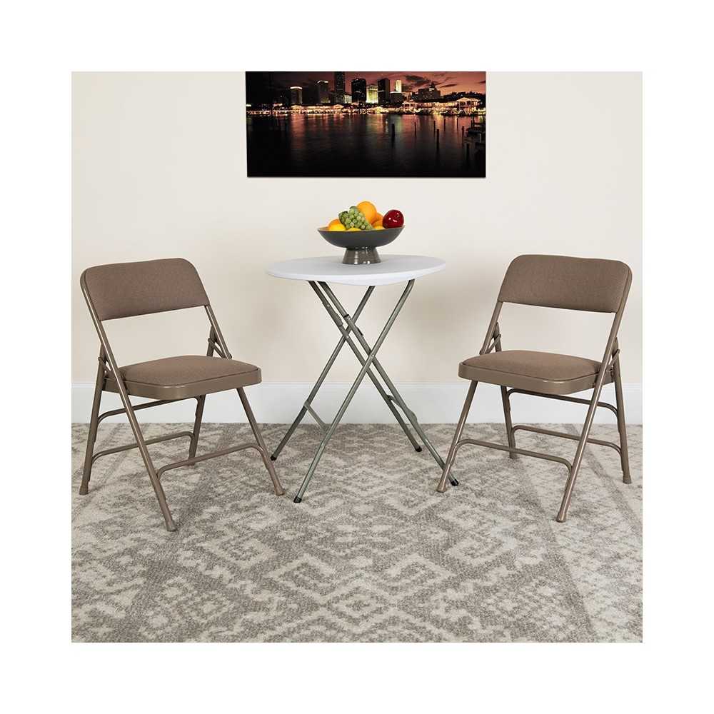 Curved Triple Braced & Double Hinged Beige Fabric Metal Folding Chair