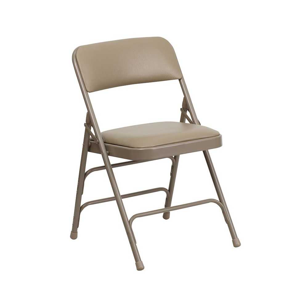 Curved Triple Braced & Double Hinged Beige Vinyl Metal Folding Chair