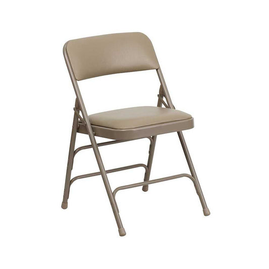 Curved Triple Braced & Double Hinged Beige Vinyl Metal Folding Chair