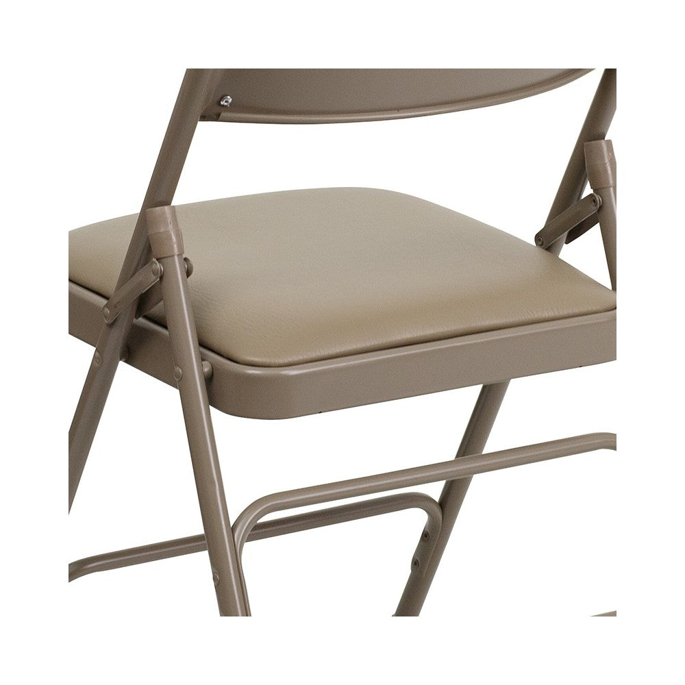 Curved Triple Braced & Double Hinged Beige Vinyl Metal Folding Chair