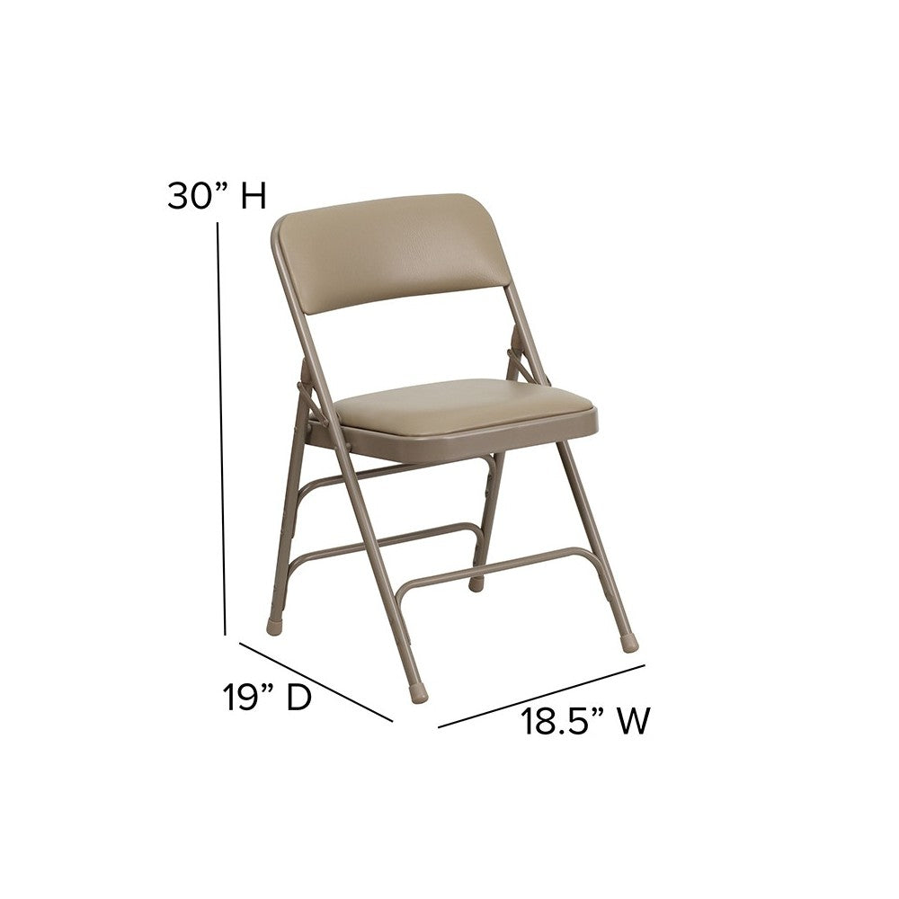 Curved Triple Braced & Double Hinged Beige Vinyl Metal Folding Chair