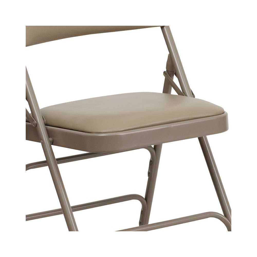 Curved Triple Braced & Double Hinged Beige Vinyl Metal Folding Chair