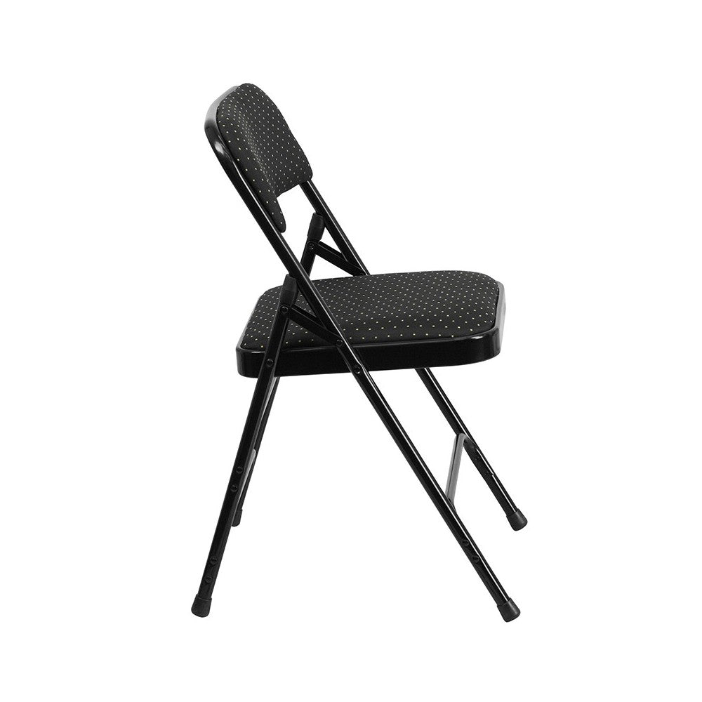 Curved Triple Braced & Double Hinged Black Patterned Fabric Metal Folding Chair