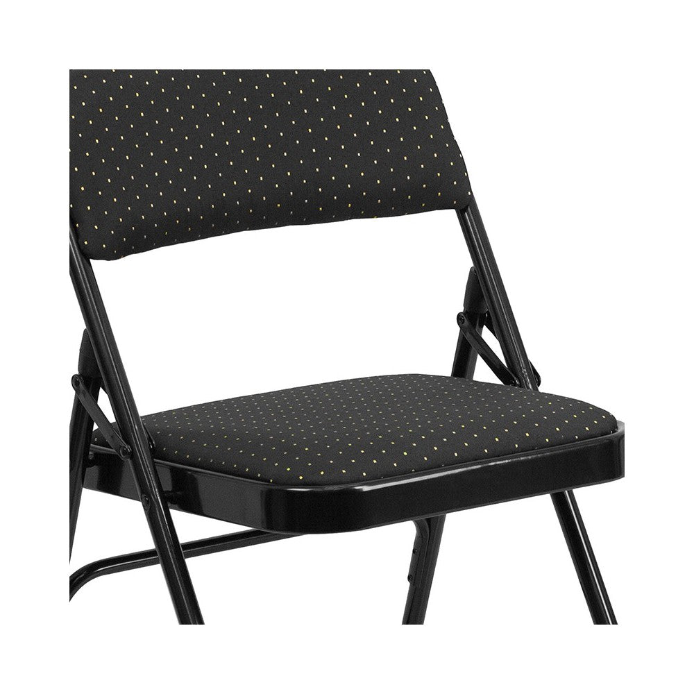 Curved Triple Braced & Double Hinged Black Patterned Fabric Metal Folding Chair
