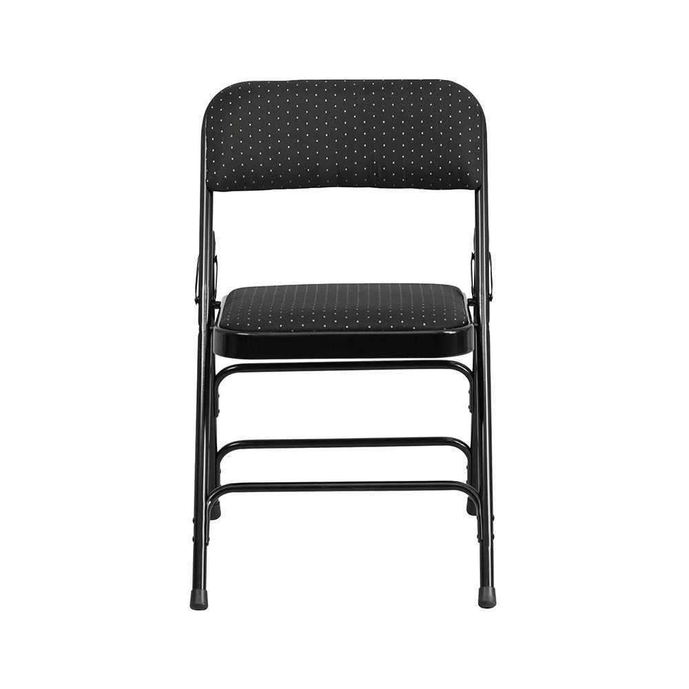 Curved Triple Braced & Double Hinged Black Patterned Fabric Metal Folding Chair