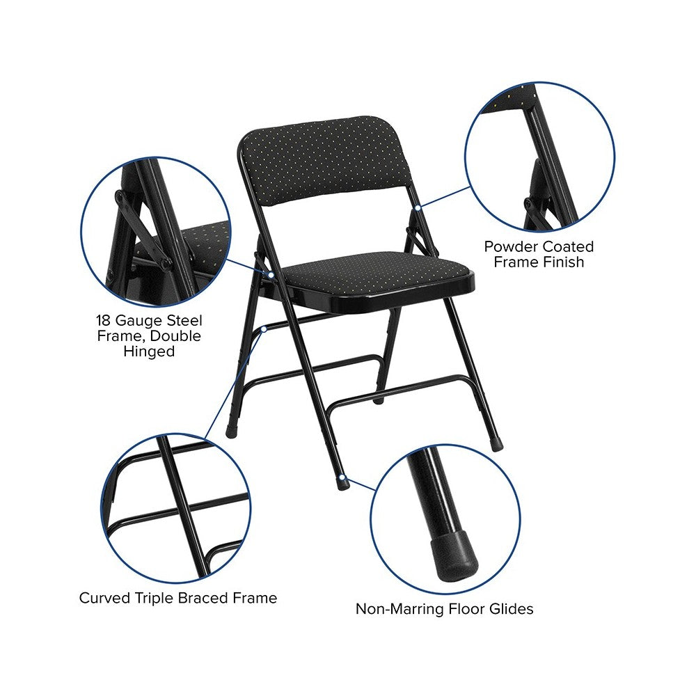 Curved Triple Braced & Double Hinged Black Patterned Fabric Metal Folding Chair
