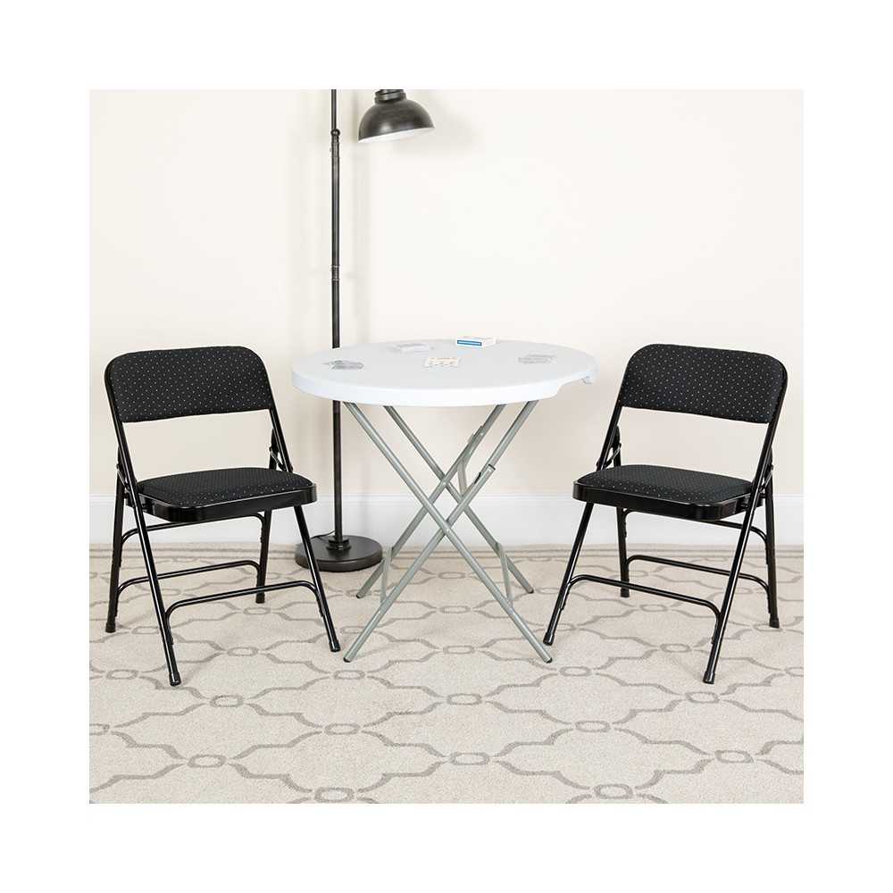 Curved Triple Braced & Double Hinged Black Patterned Fabric Metal Folding Chair