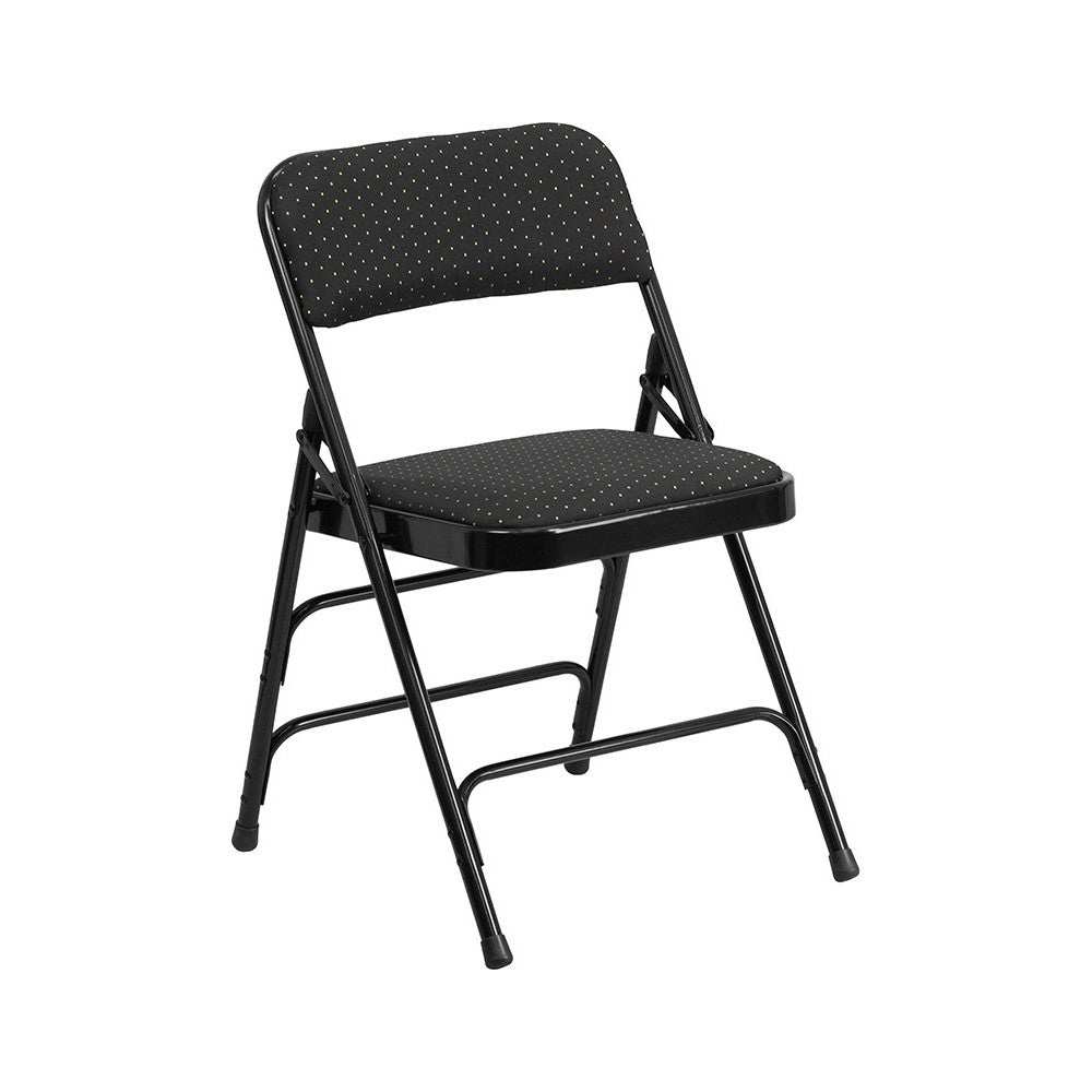 Curved Triple Braced & Double Hinged Black Patterned Fabric Metal Folding Chair
