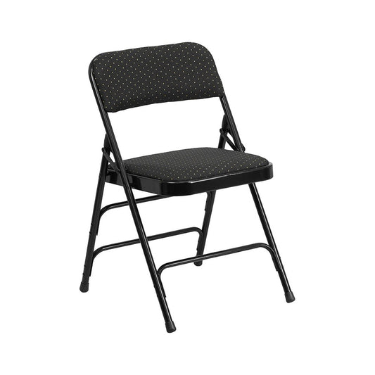 Curved Triple Braced & Double Hinged Black Patterned Fabric Metal Folding Chair