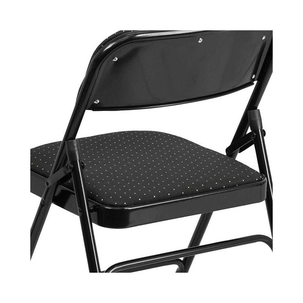 Curved Triple Braced & Double Hinged Black Patterned Fabric Metal Folding Chair