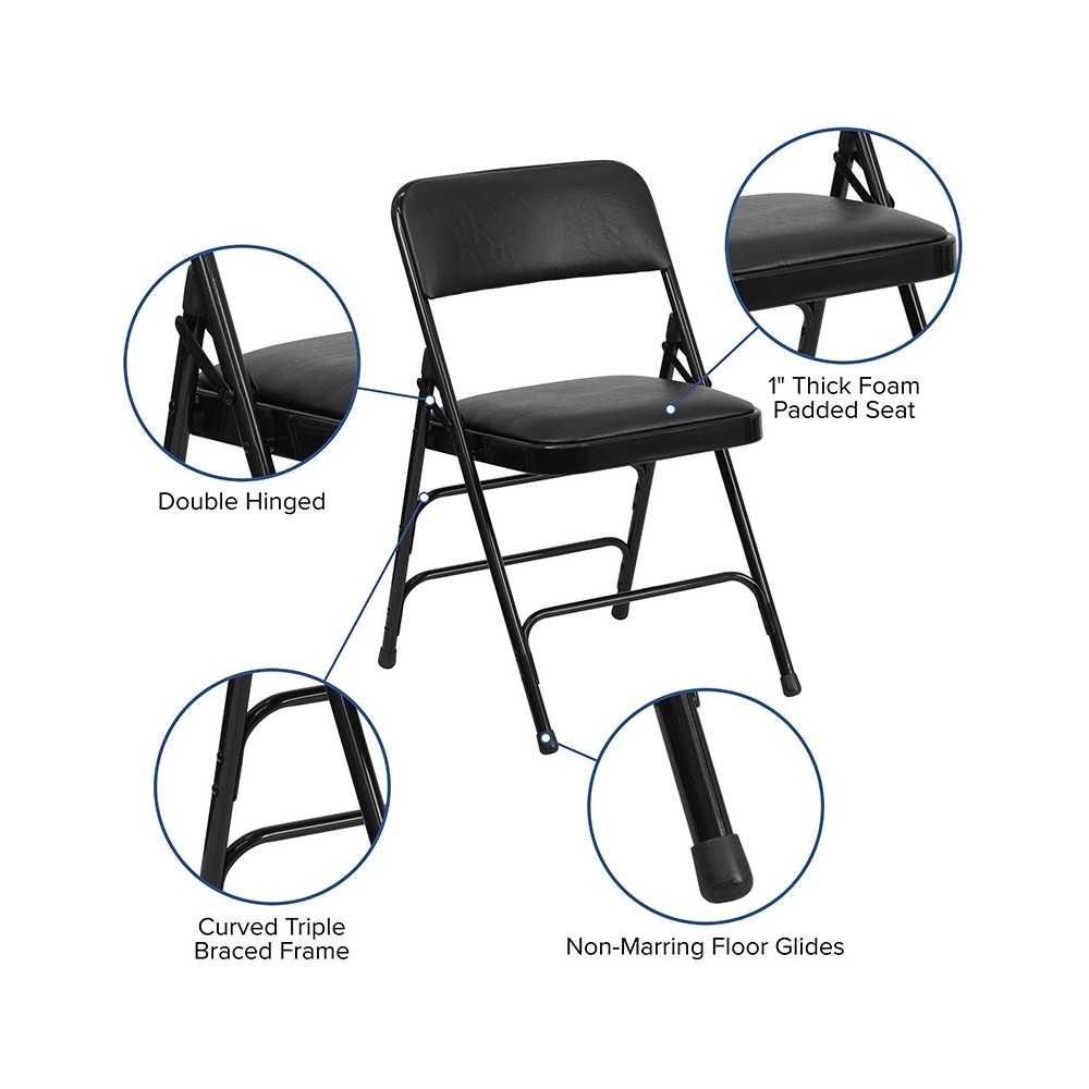 Curved Triple Braced & Double Hinged Black Vinyl Metal Folding Chair