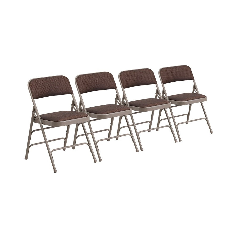 Curved Triple Braced & Double Hinged Brown Patterned Fabric Metal Folding Chair