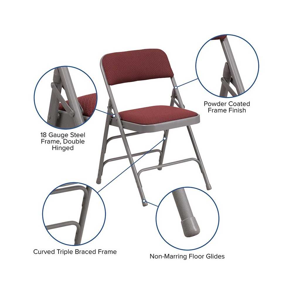 Curved Triple Braced & Double Hinged Burgundy Patterned Fabric Metal Folding Chair