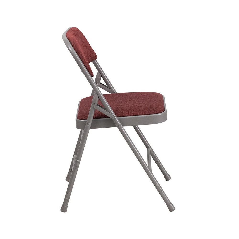 Curved Triple Braced & Double Hinged Burgundy Patterned Fabric Metal Folding Chair