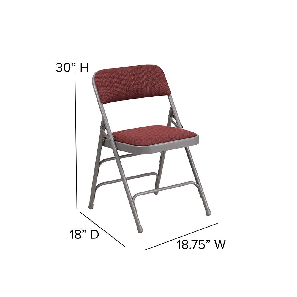 Curved Triple Braced & Double Hinged Burgundy Patterned Fabric Metal Folding Chair