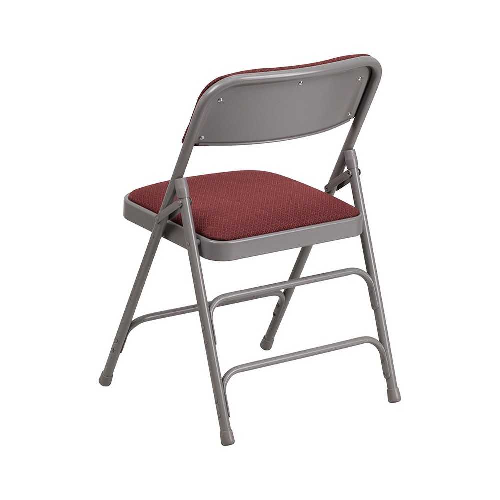 Curved Triple Braced & Double Hinged Burgundy Patterned Fabric Metal Folding Chair