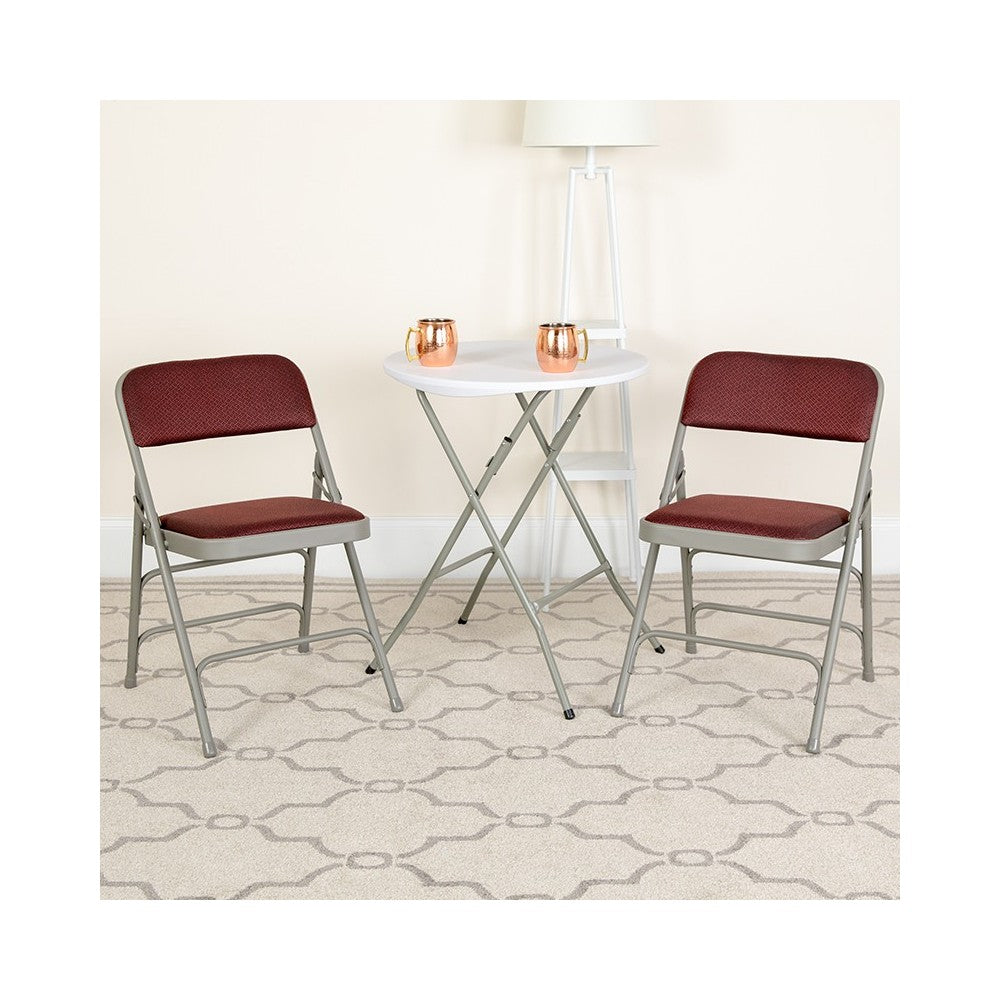 Curved Triple Braced & Double Hinged Burgundy Patterned Fabric Metal Folding Chair