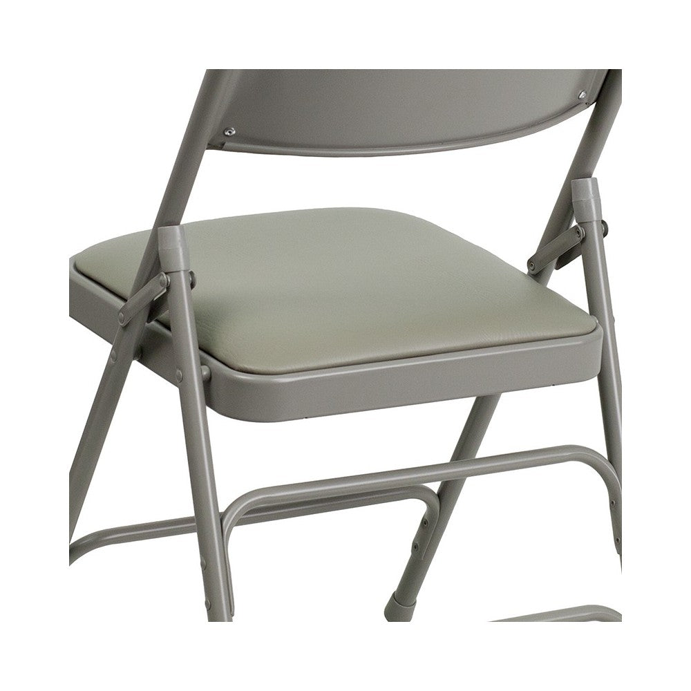 Curved Triple Braced & Double Hinged Gray Vinyl Metal Folding Chair
