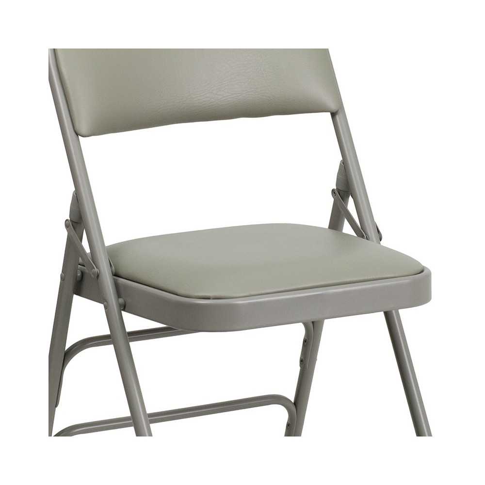 Curved Triple Braced & Double Hinged Gray Vinyl Metal Folding Chair