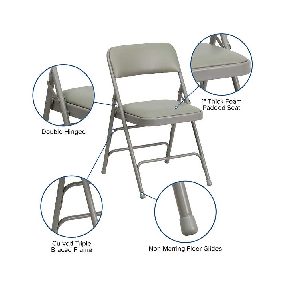 Curved Triple Braced & Double Hinged Gray Vinyl Metal Folding Chair